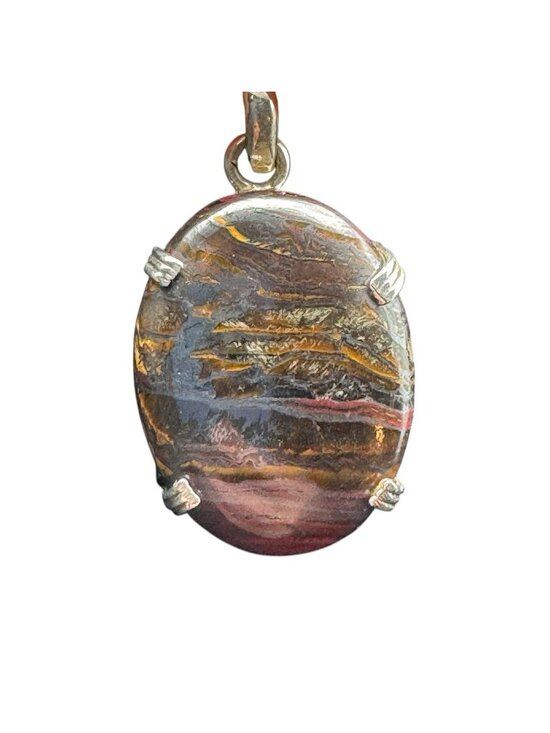 Artisan Handcrafted Jewelry - Tiger Iron Sterling Silver Pendant Polished Oval Gemstone Natural Layered Bands